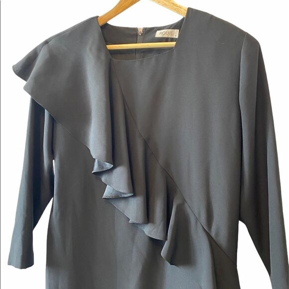 VINTAGE Black Ruffle Long Sleeve Square Neck Dress - Picture 5 of 8